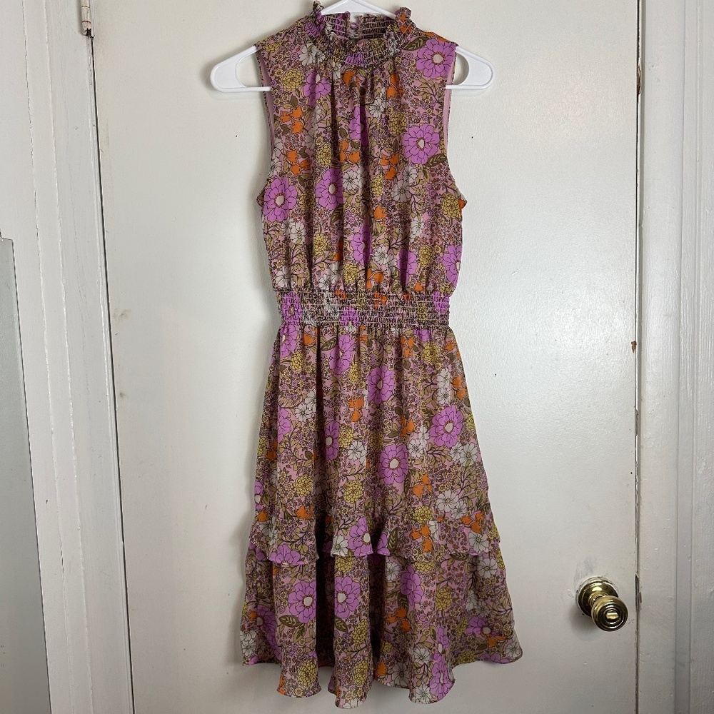 Emma & Michele Women's Pink Ruffle Floral Halter Sleeveless Midi Dress Size S